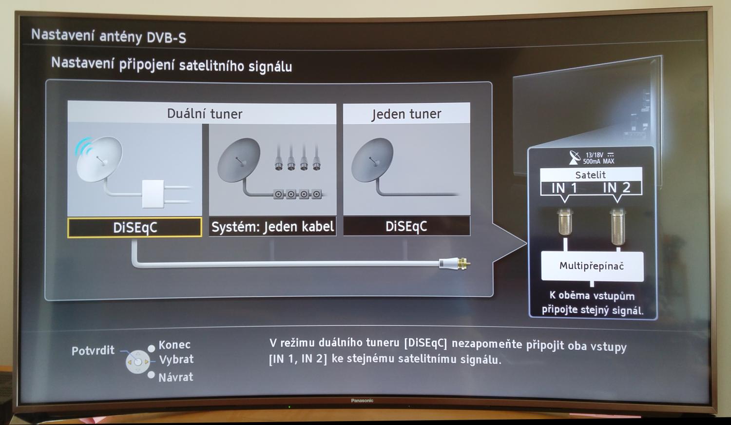 Ladil jsem jeden tuner a DiSEqC. Vysvícená volba by byla pro televizor se zdvojenými tunery jistě správnější, ale moje instalace tomu zatím neodpovídá.
