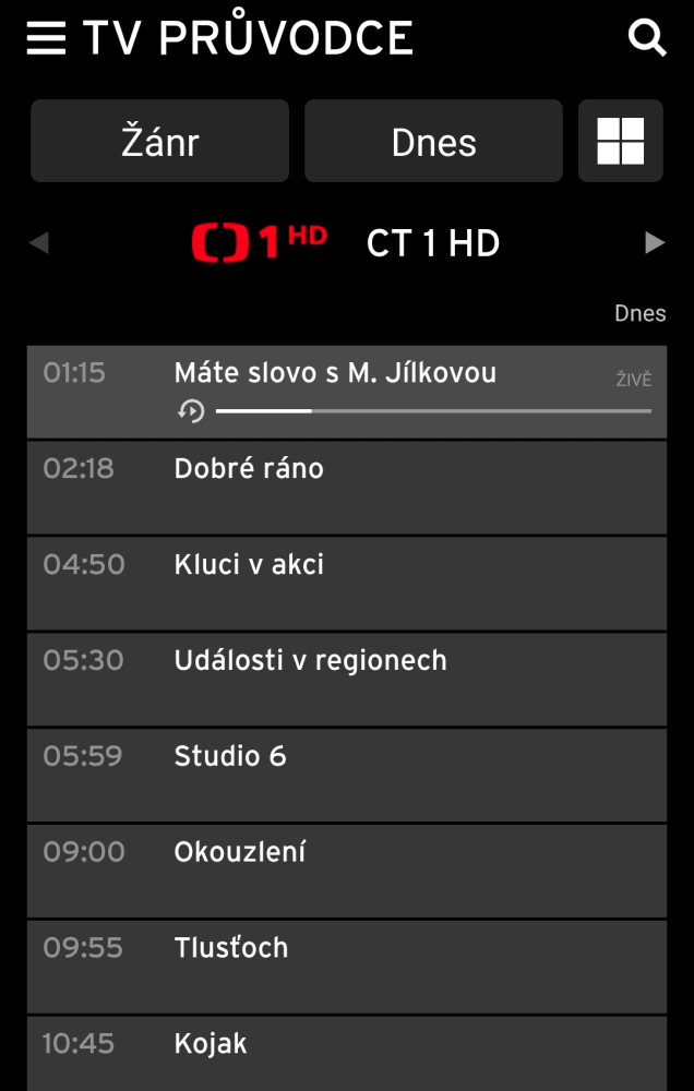 Ikona u času 1:15 označuje pořad u kterého máte k dispozici Zpětné zhlédnutí.