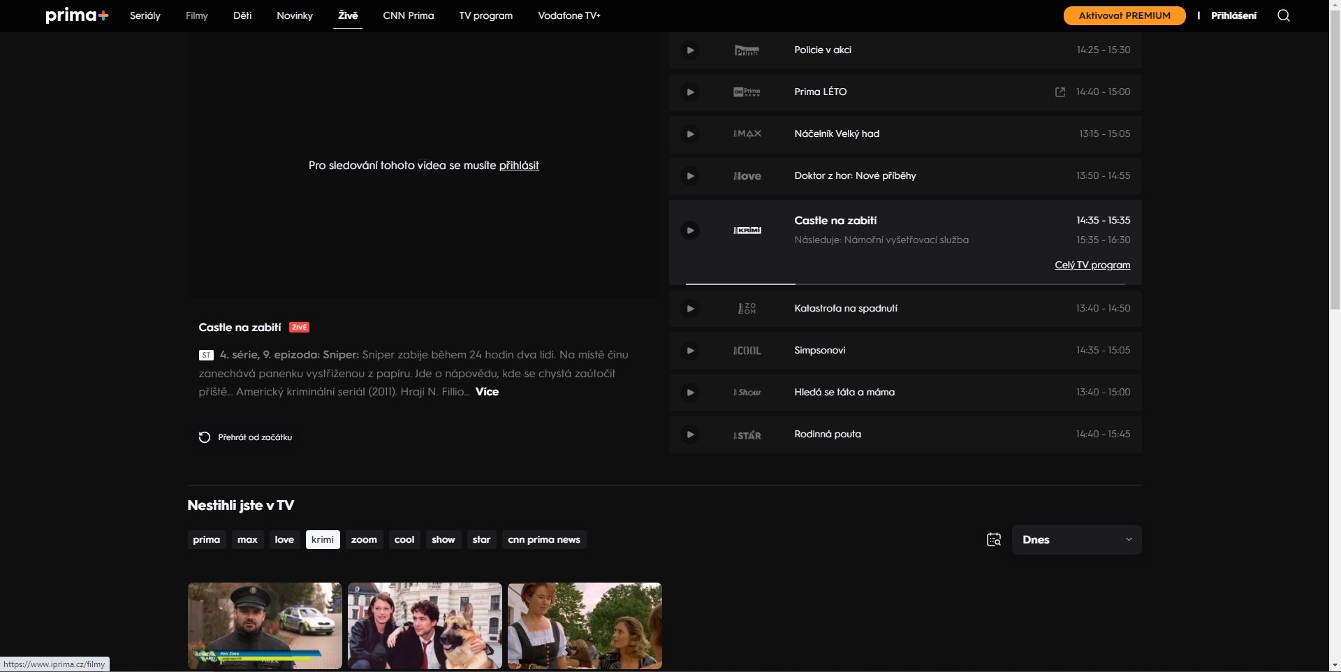 Screenshot živého vysílání kanálu Prima Krimi pro nepřihlášeného uživatele, 22. 8. 2024