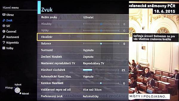 Výtečná zvuková nastavení televizoru. Klasické basy a hloubky jsou dostupné ve většině režimů, pokud vyberete „Uživatel“ dostanete se do osmi pásmového ekvalizéru! Tohle u jiné značky neuvidíte. Všude je totiž pouze pěti pásmový!