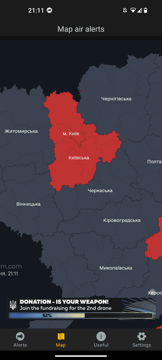 Ukrajinská aplikace Alert! upozorňující na ruské útoky