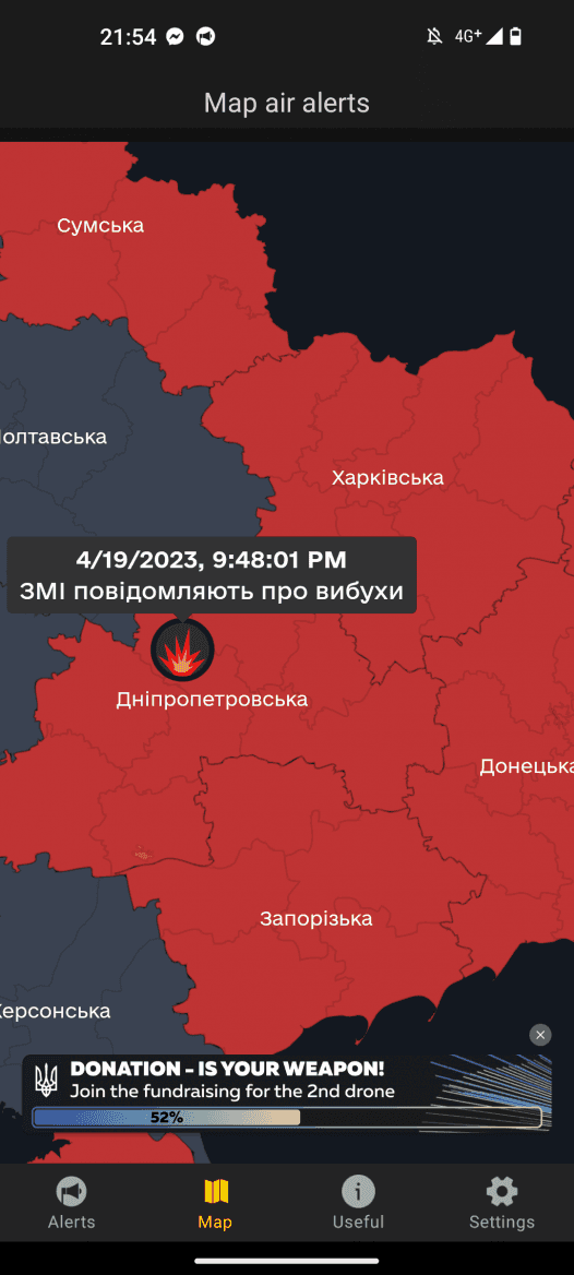 Ukrajinská aplikace Alert! upozorňující na ruské útoky