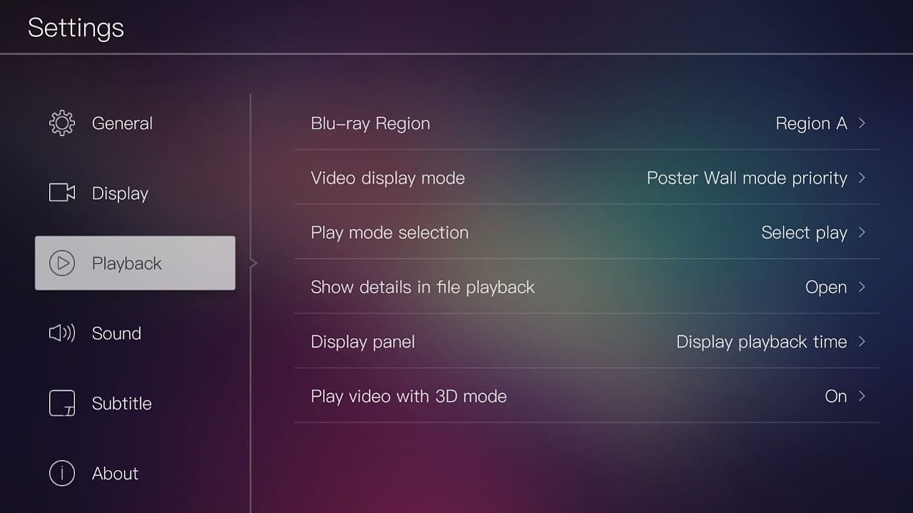 Egreat A10 -Menu nastavení – nastavení přehrávání