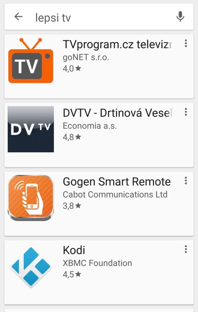 Při zadání řetězce "lepsi tv" se aplikace nenašla.