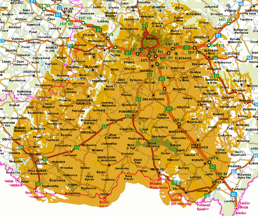 Brno - Barvičova (kanál 25) a Mikulov - Děvín (kanál 51 - v provozu od 1. srpna 2014)