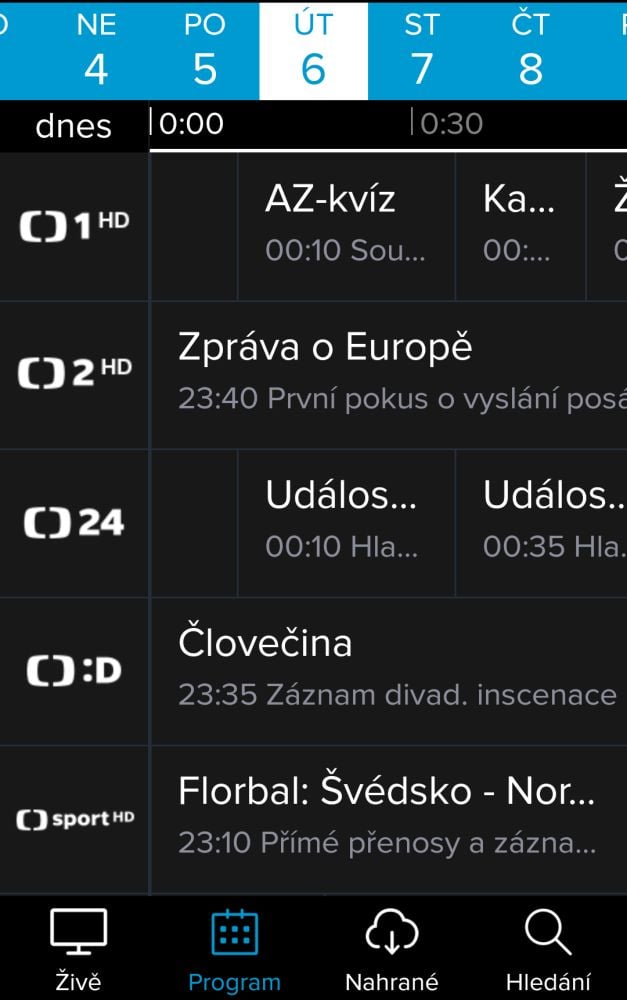 Volba Program vlastně představuje EPG přes které si prohlédnete pořad vysílaný před až 72 hodinami.