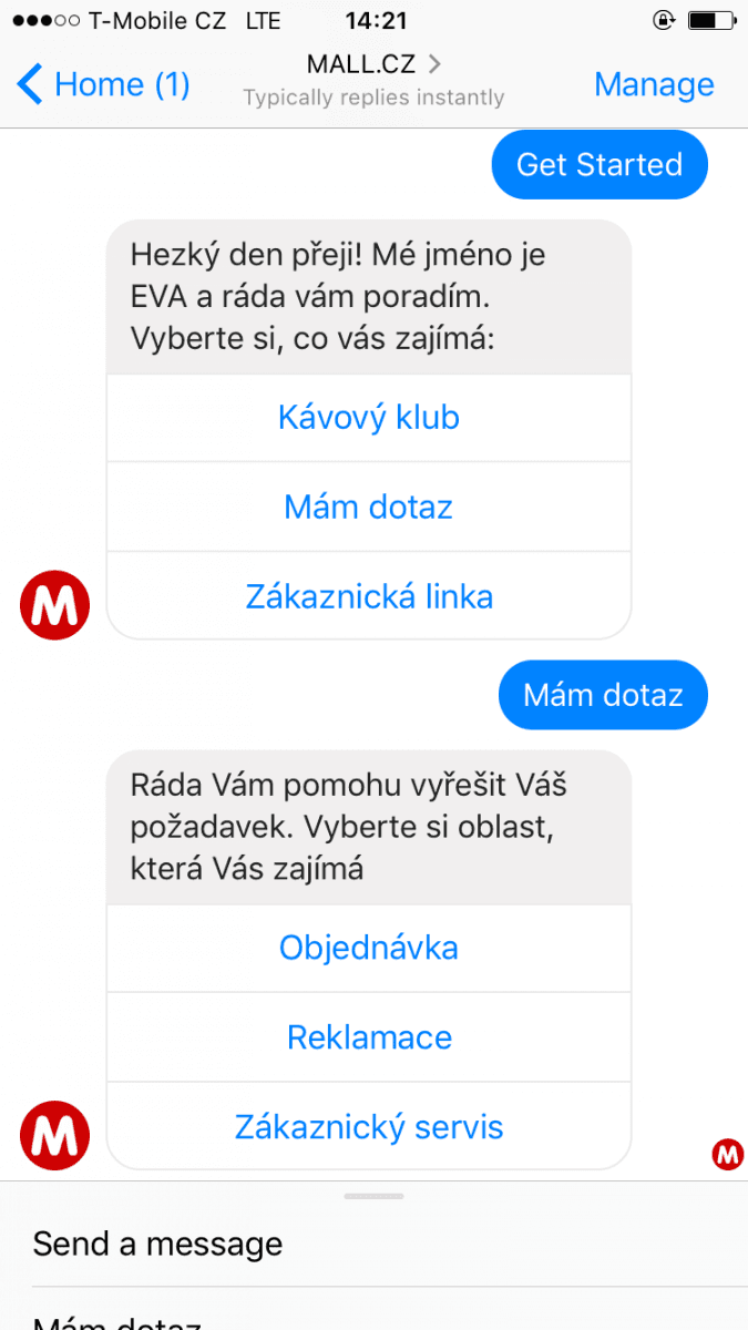 Mall.cz a jeho chatbot EVA pro Facebook Messenger