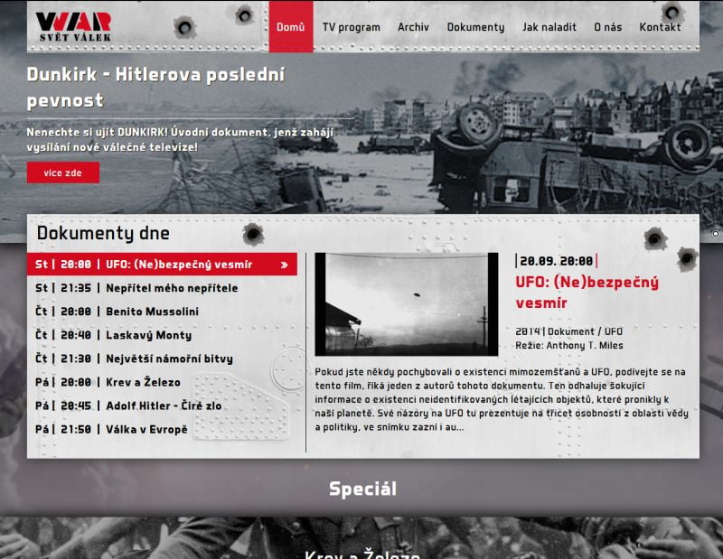 Webové stránky nového kanálu WAR TV.