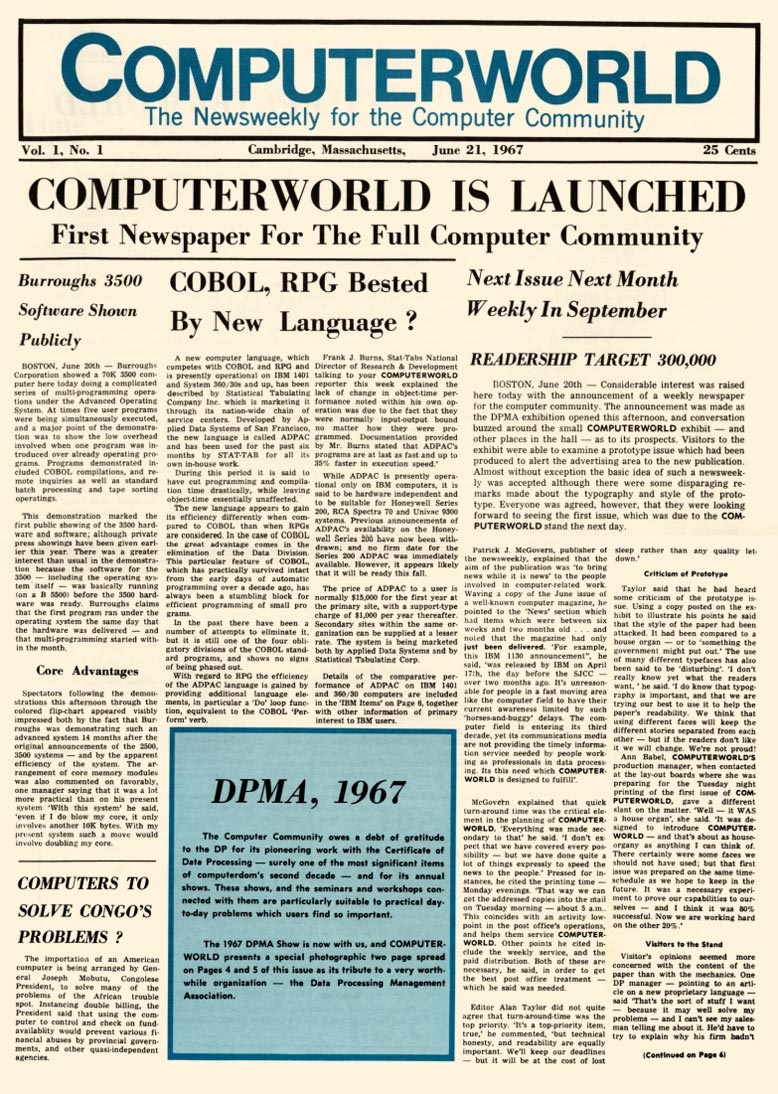 První číslo Computerworldu, které vyšlo 21. června 1967. Další zásadní titulní strany najdete v této galerii.