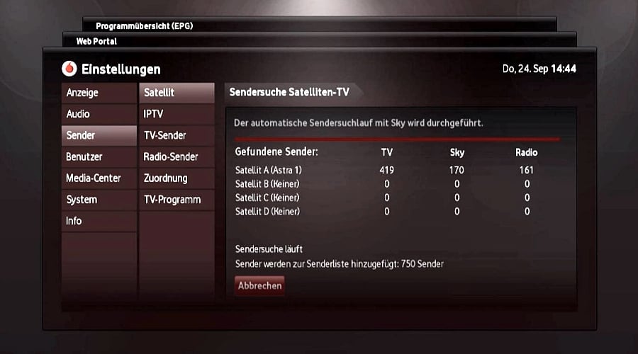 Nastavení – satelitní vyhledávání, aktivace SKY, aktualizace IPT