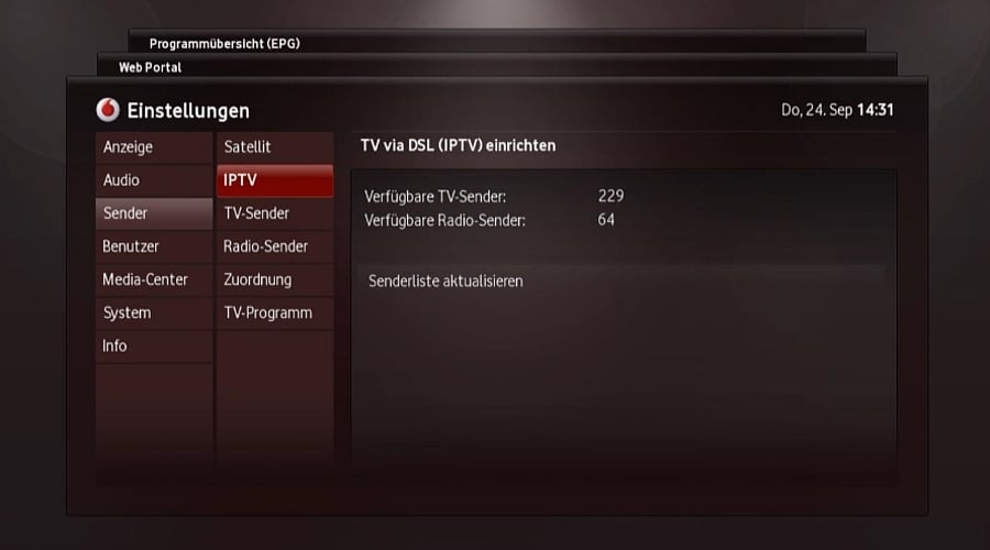 Nastavení – satelitní vyhledávání, aktivace SKY, aktualizace IPT