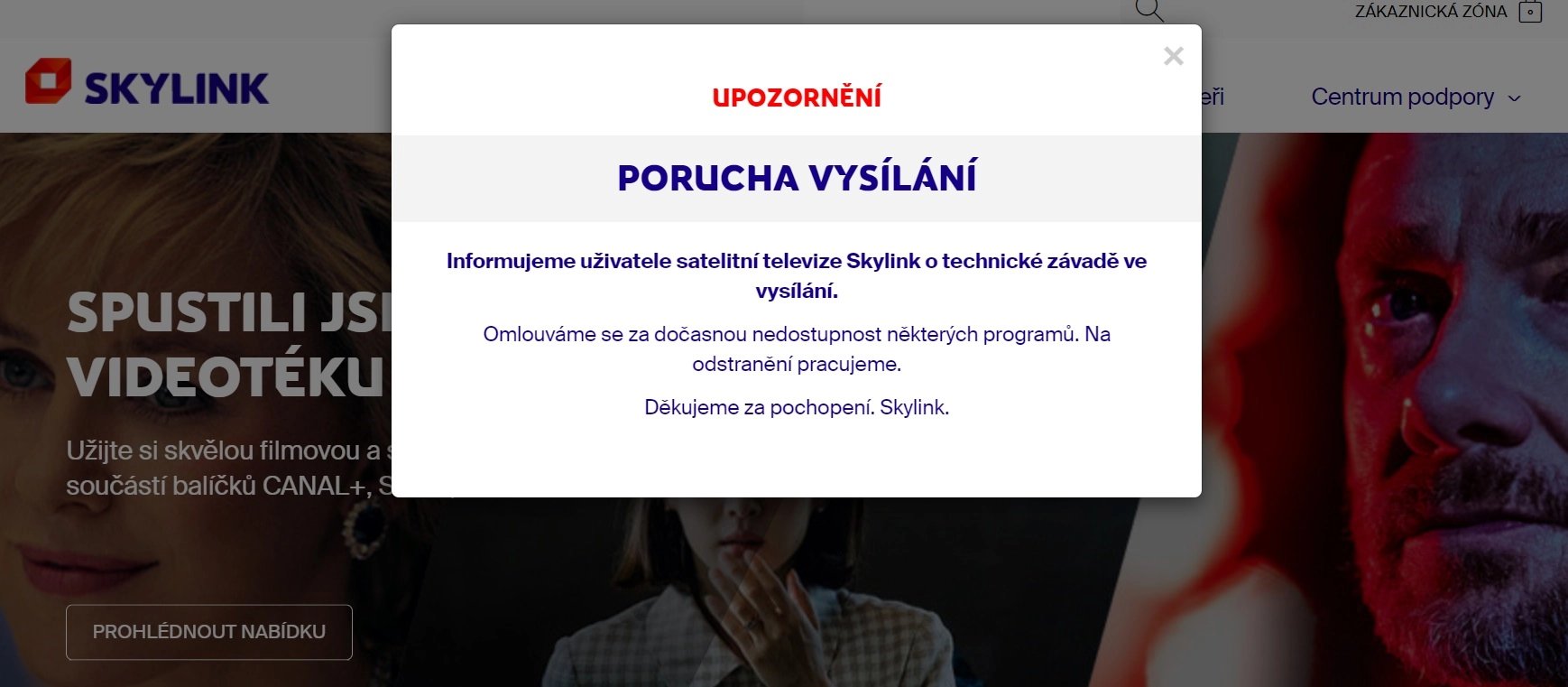Informace o poruše na webu Skylinku