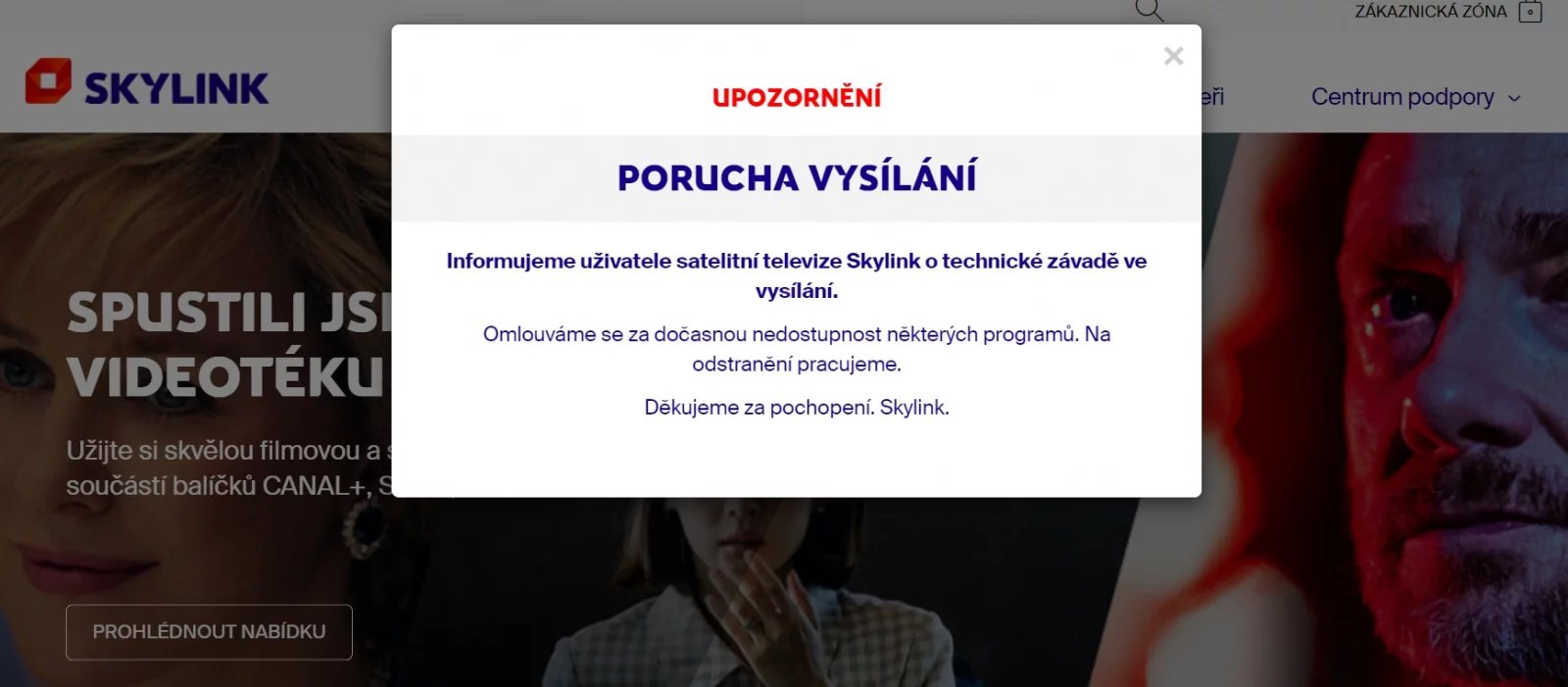 Informace o poruše na webu Skylinku