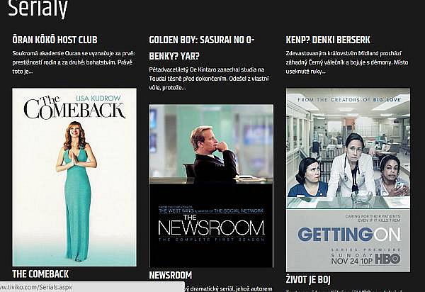 Seriály najdete ve stejnojmenné volbě, ale při přístupu přes web nešly seřadit ani podle abecedy (Tiviko to už ale hbitě opravilo… :) a zatím ani nejdou vypsat bez výrazných obrázkových náhledů, tedy např. řádkově, takže je výsledek hodně nepřehledný. Jejich vyhledávání v televizních programech ale povětšinou funguje rozumně, takže můžete zjistit, zda je někde dávají či nikoli. U aplikace pro Android kupodivu už abecedně seřazeny byly.