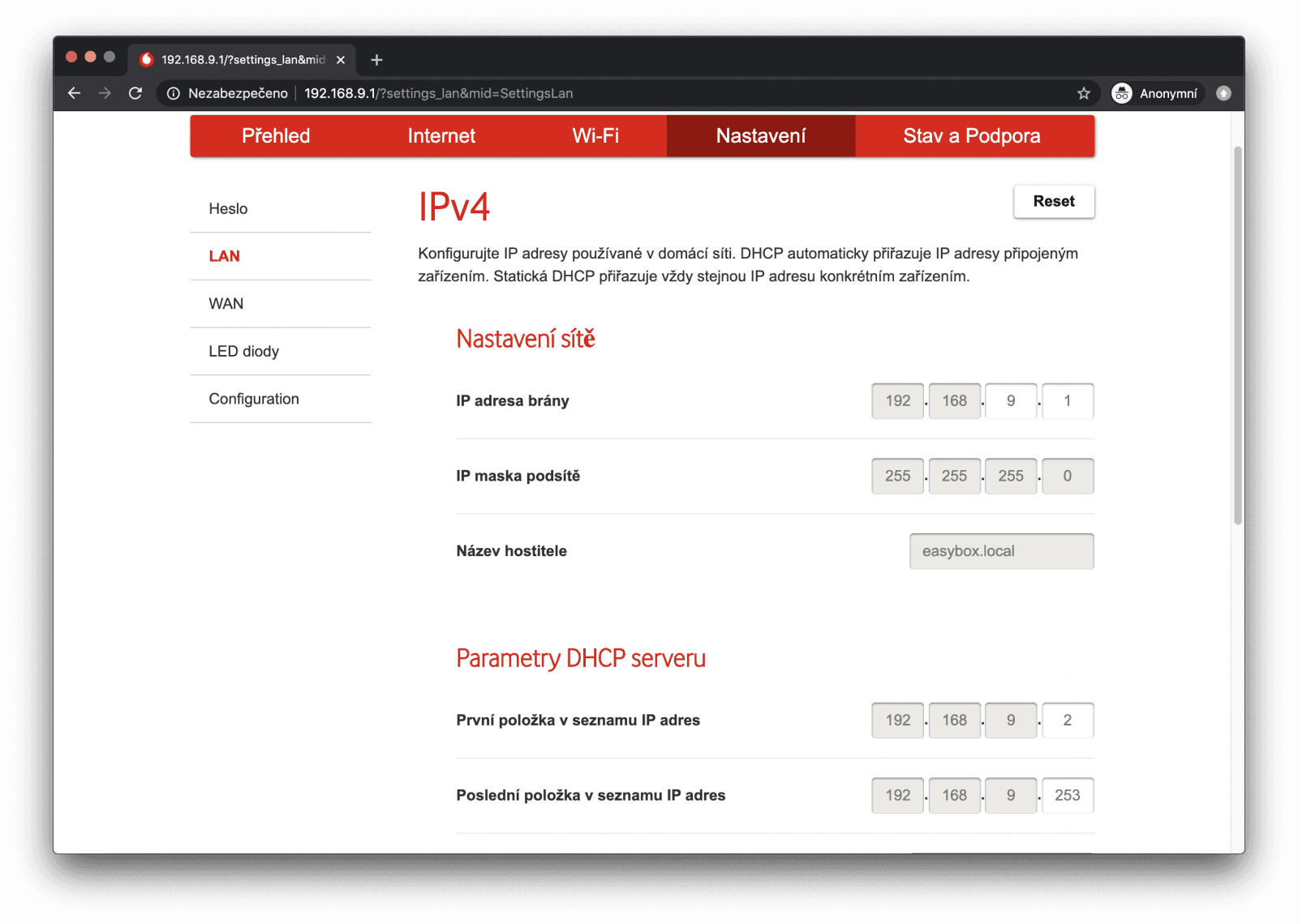 nastavení IPv4 adres na LAN