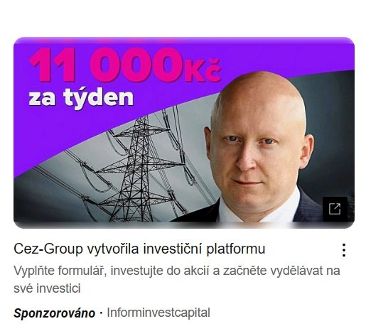 Ukázka podvodné reklamy zneužívající značku skupiny ČEZ