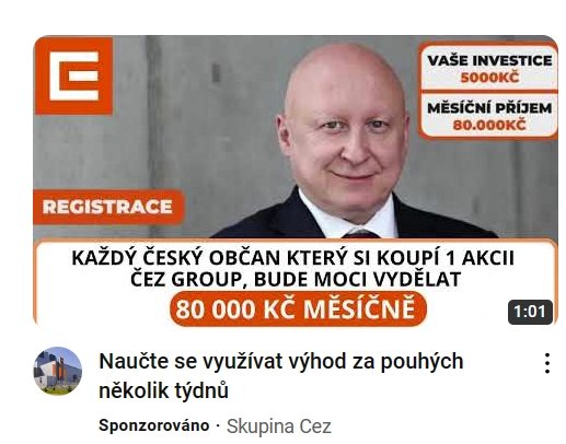 Ukázka podvodné reklamy zneužívající značku skupiny ČEZ