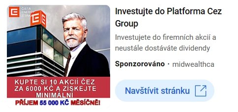 Ukázka podvodné reklamy zneužívající značku skupiny ČEZ a tvář prezidenta Petra Pavla