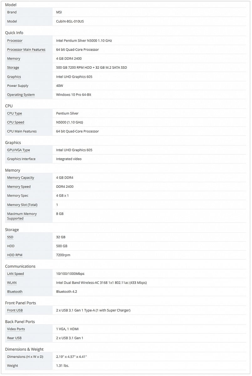 Kompletní technická specifikace – model CubiN-8GL, varianta 010US