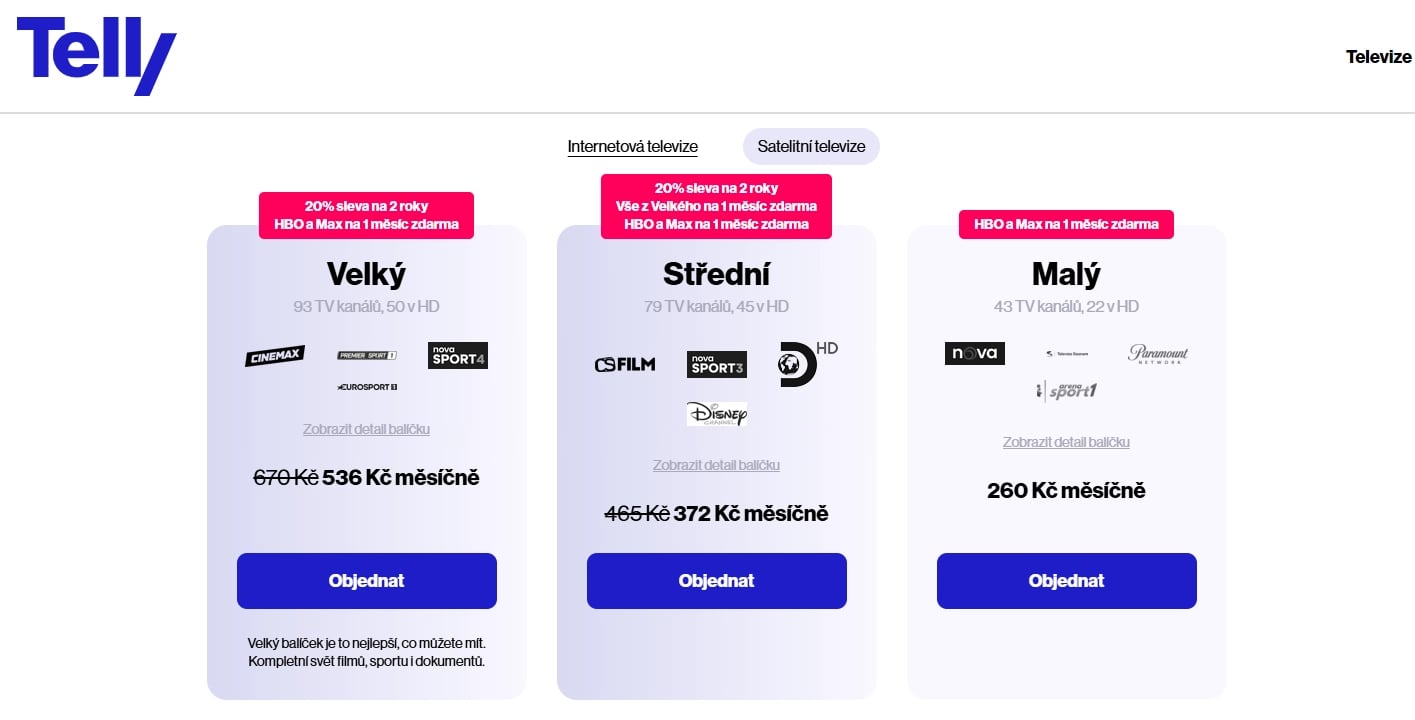 Tarifní nabídka Telly TV – satelitní televize