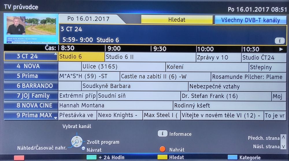 EPG má ve Firefox OS bohužel pouze jeden náhled a při zmáčknutí OK na vybraném pořadu se buď objeví možnost nahrání, nebo hlášení, že USB médium není k dispozici.