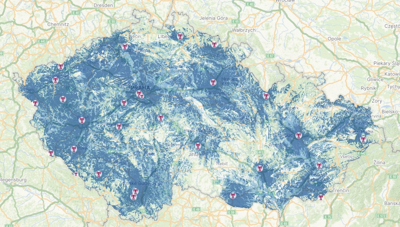 Pokrytí multiplexu RTI CZ DAB+