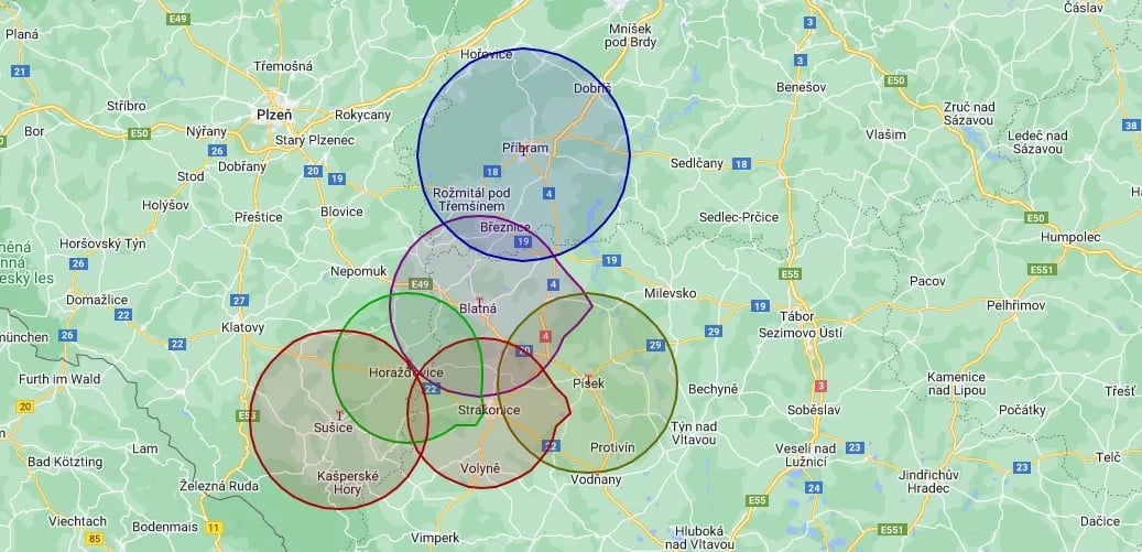 Orientační pokrytí signálem Rádia Otava