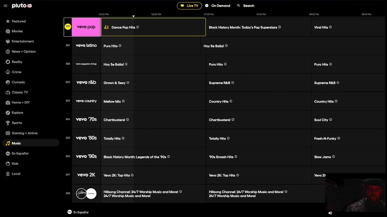 Blok hudebních kanálů na Pluto TV