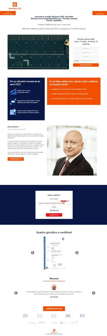 Jedna ze stránek, na kterou se uživatel dostane po kliknutí na odkaz v podvodné reklamě. Web se snaží vzbudit dojem, že jde o pravou stránku skupiny ČEZ