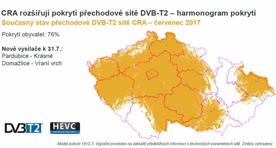 Pokrytí DVB-T2 Českých Radiokomunikací k 31. 7. 2017 po spuštění vysílačů na Domažlicku a Pardubicku.