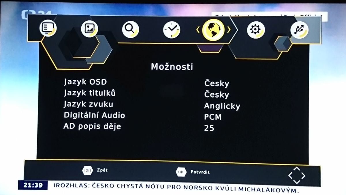 Maxxo T2 H.265 - menu nastavení