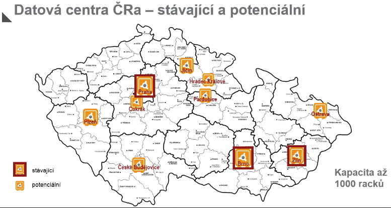 Současná a potenciální datová centra Českých Radiokomunikací.