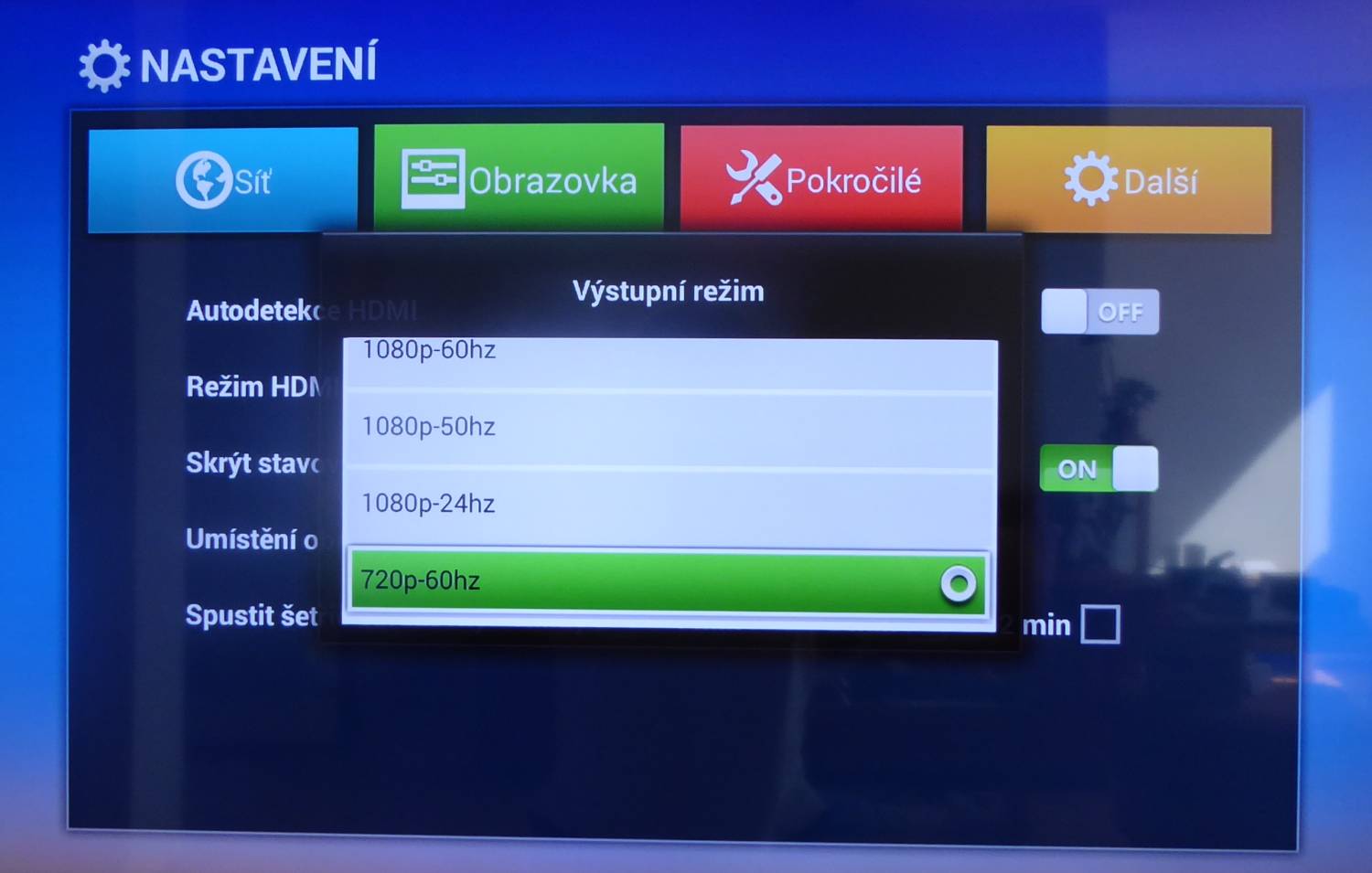 Různé obrazové režimy, které můžete (po vypnutí autodetekce HDMI) vybrat.