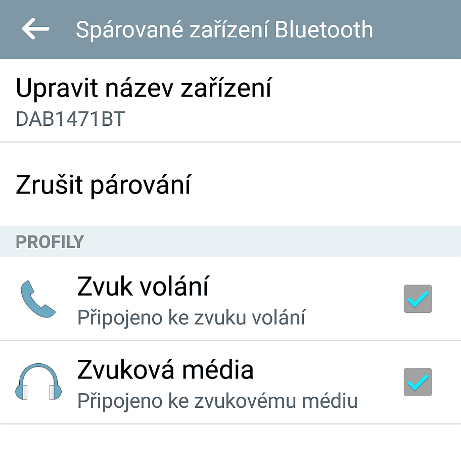 Nastavení Bluetooth propojení můžete upravit na další obrazovce, kde jde také zrušit párování. Pokud nechcete mít funkci hands-free k dispozici, není nic snazšího, než volbu Zvuk volání zrušit.