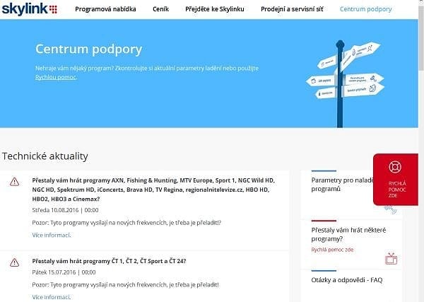Skylink, nové webové stránky - Centrum podpory.