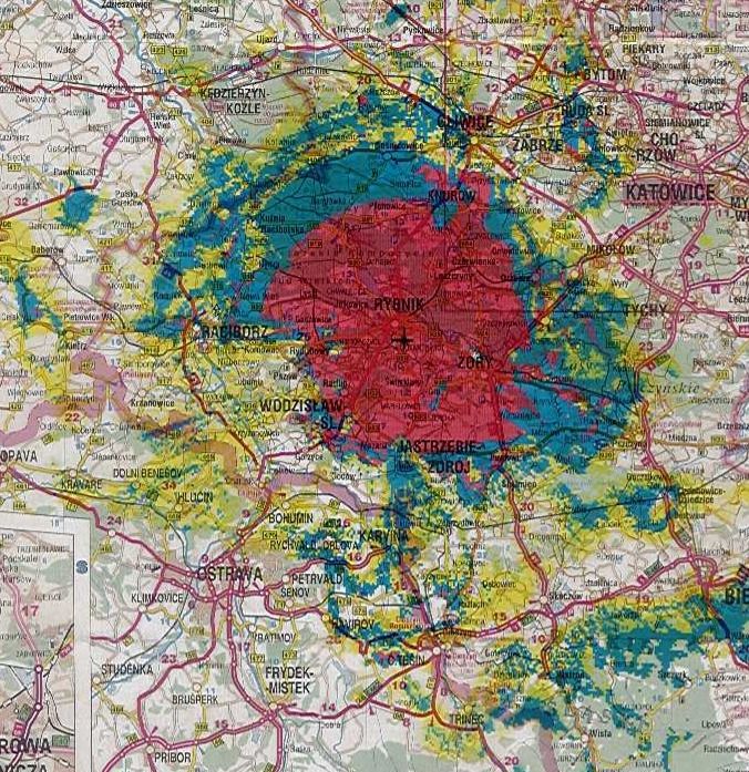 Předpokládaná mapa pokrytí signálem televize TVT v době, kdy vysílala analogově výkonem 200 Wattů. Obrázek lze zvětšit.