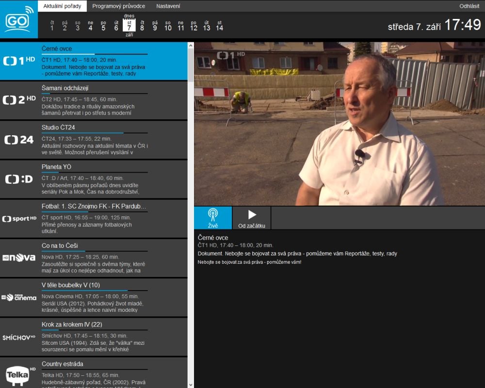 Základní náhled a aktuálně vysílané pořady. Díky šipce pod obrazovým náhledem můžete vybraný pořad snadno přehrát od začátku. Doufám, že to i na jiných platformách půjde takto snadno.