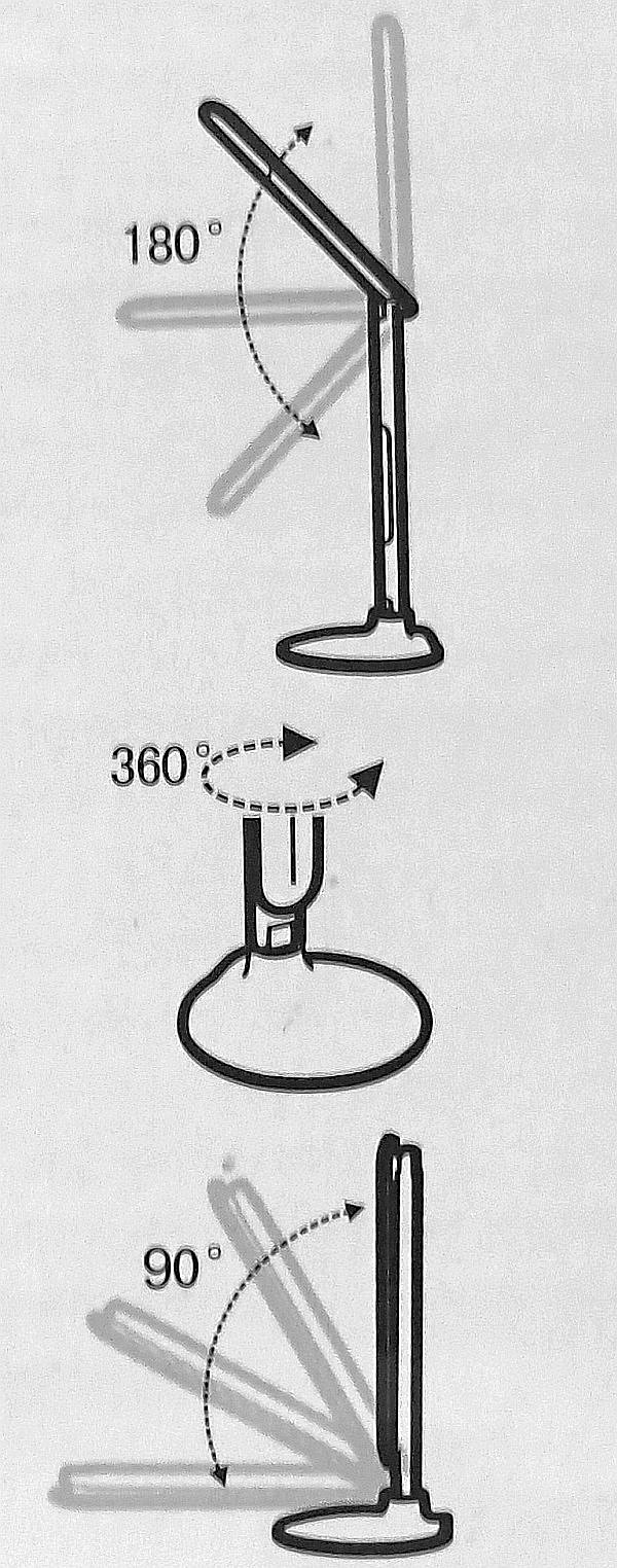 Jak vidíte, stolní lampička je všestranně nastavitelná. Jediné co s ní neuděláte, je osvětlení stropu. Natočit totiž tímto směrem nejde, což je dobře vidět i z připojeného nákresu z obalu.