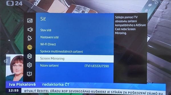Samsung sice o Wi-Fi Miracast nikde nehovoří, ale spolupracuje s ním. Volbu najdete i na tlačítku Source.