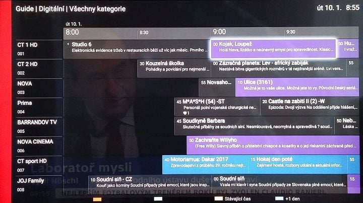 Guide (EPG) - obraz běží na pozadí, zvuk se při vstupu a odchodu nepřeruší.