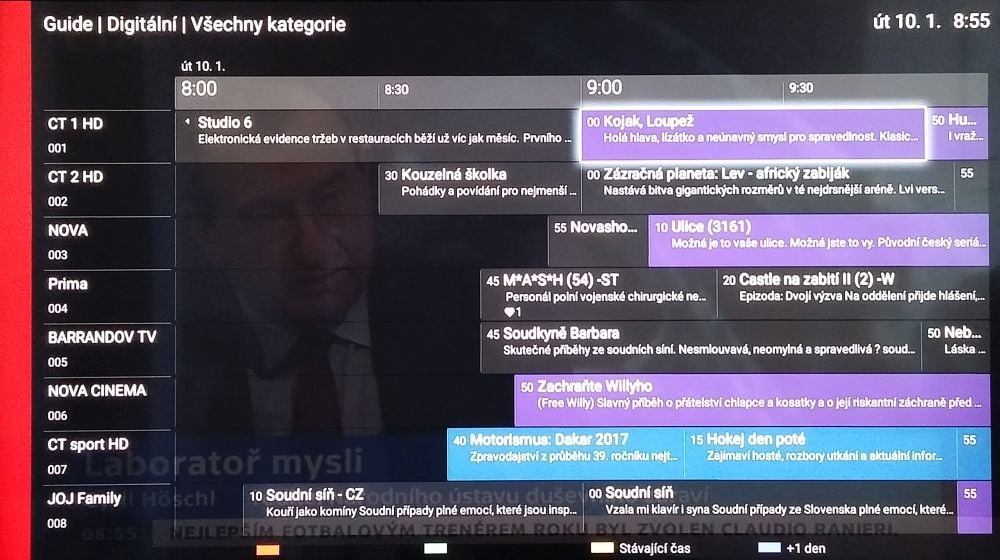 Guide (EPG) - obraz běží na pozadí, zvuk se při vstupu a odchodu nepřeruší.