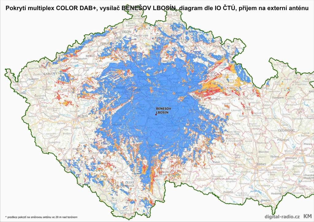 Pokrytí COLOR DAB+ z vysílače u Benešova (model pro směrovou anténu ve 20 m)