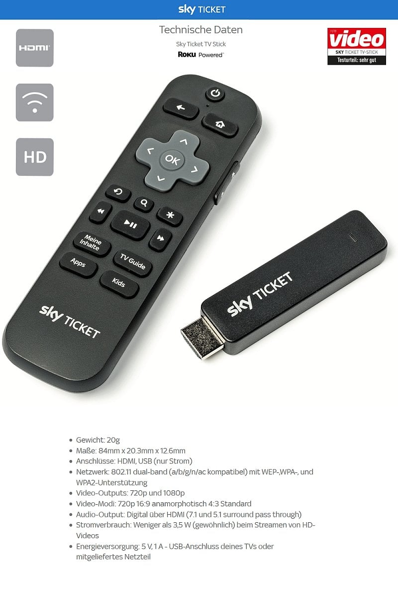 Technická specifikace Sky Ticket TV Stick