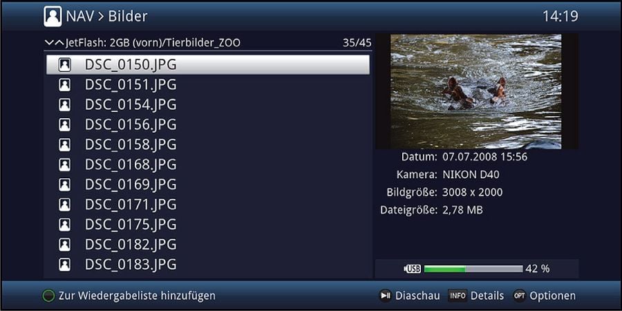 Menu souborového manageru pro obrázky uložené na externím disku.