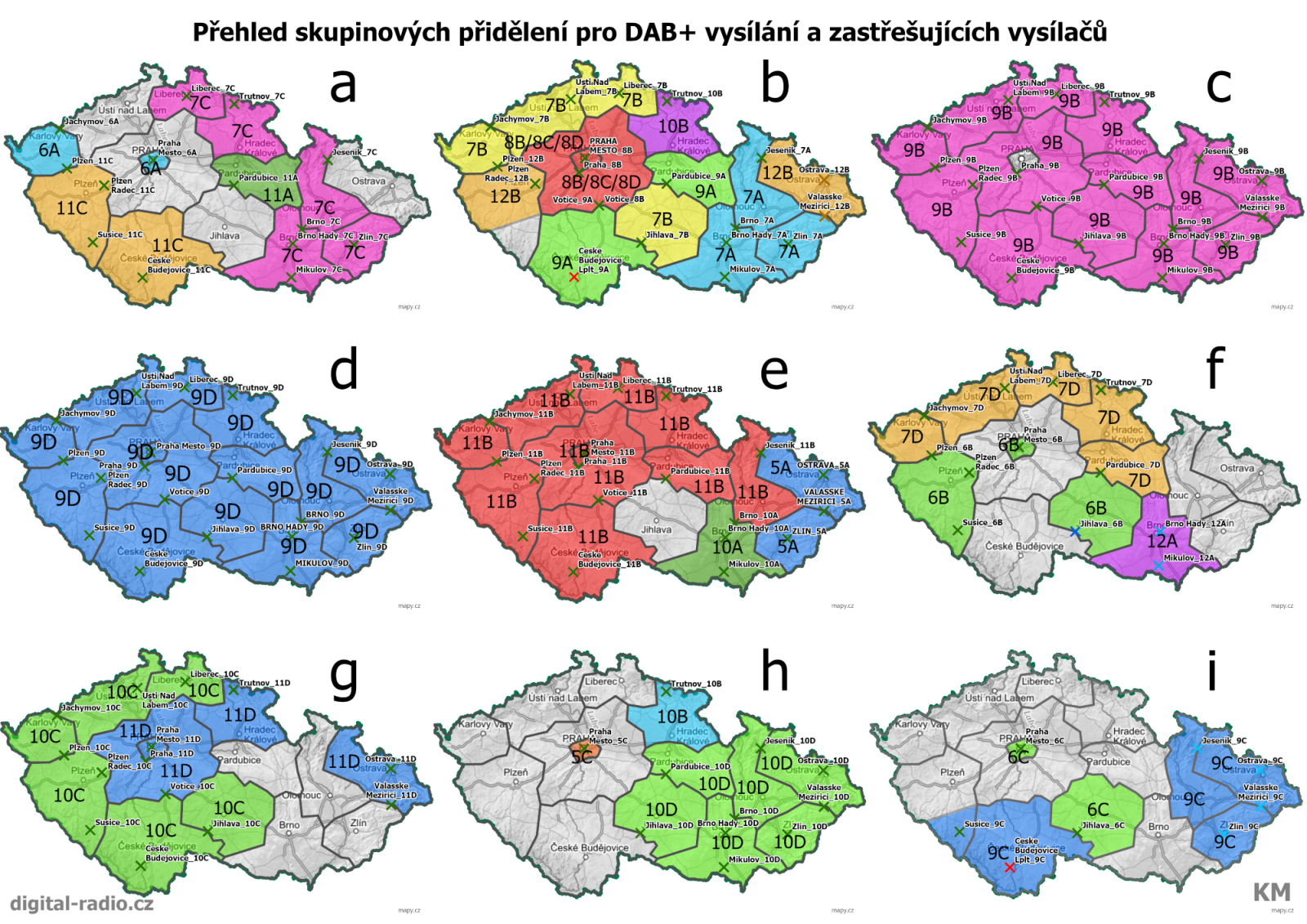 Přehled skupinových přidělení pro DAB+ vysílání a zastřešujících vysílačů