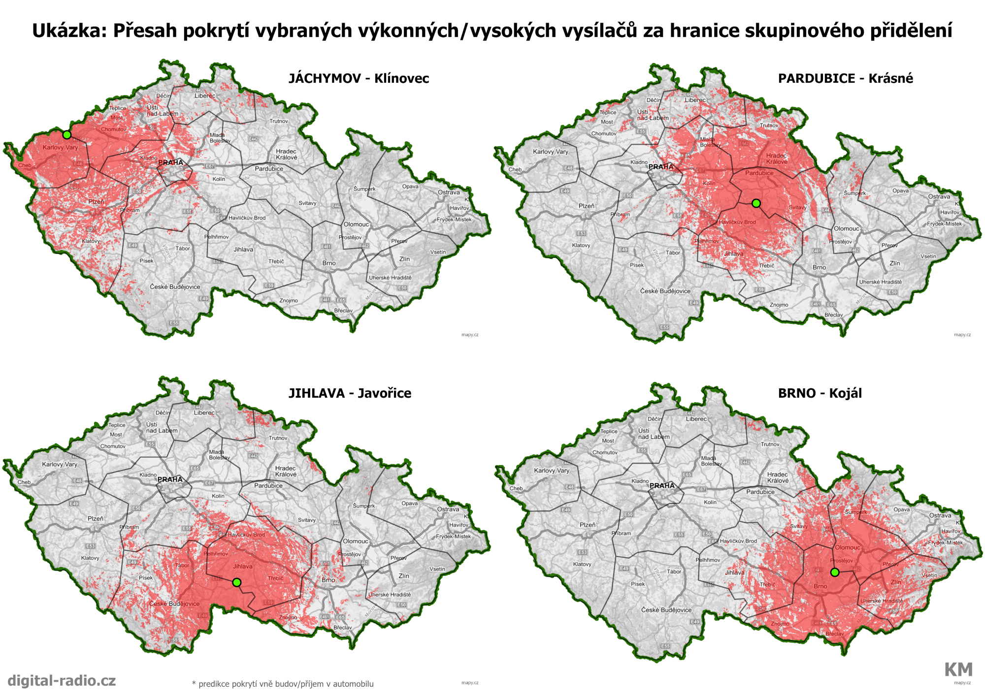 Přesah pokrytí vybraných výkonných/vysokých vysílačů za hranice skupinového přidělení
