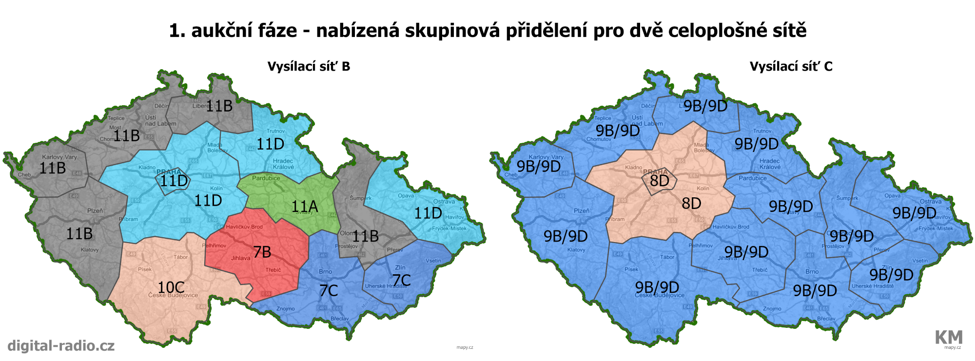 1. aukční fáze - nabízená skupinová přidělení pro dvě celoplošné sítě