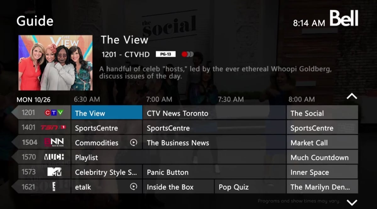 EPG služby Bell Fibe