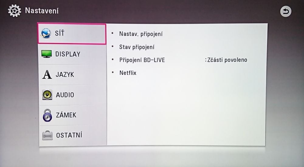LG UP970 - menu nastavení