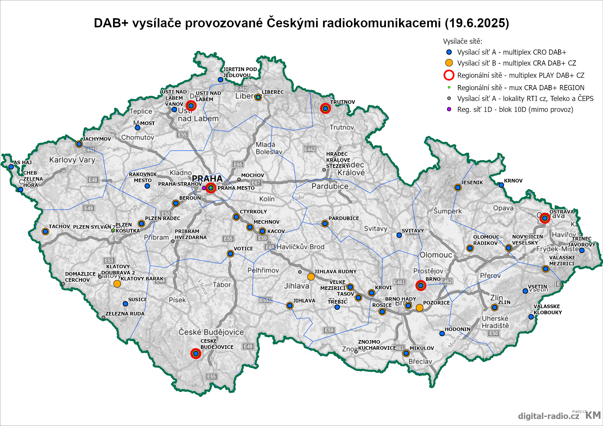 Lokality vysílací sítě Českých Radiokomunikací